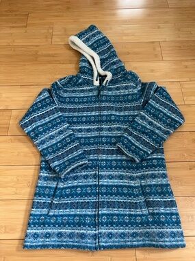 L.L. Bean Teal and White Sherpa-Lined Knit Jacket